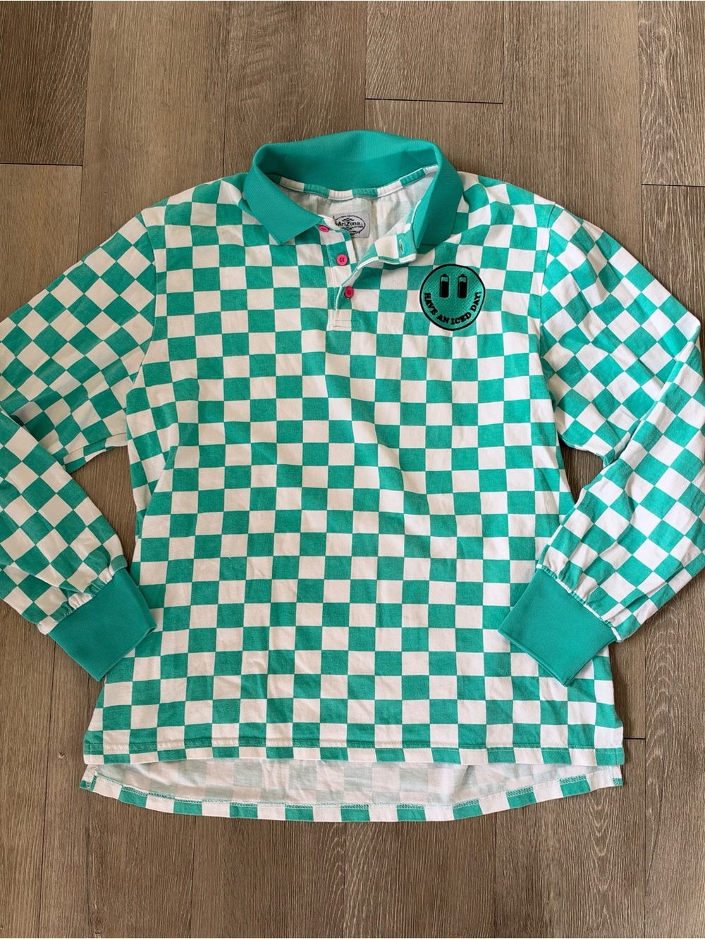 Arizona Jean Company Teal & White Checkerboard Long-Sleeve Polo